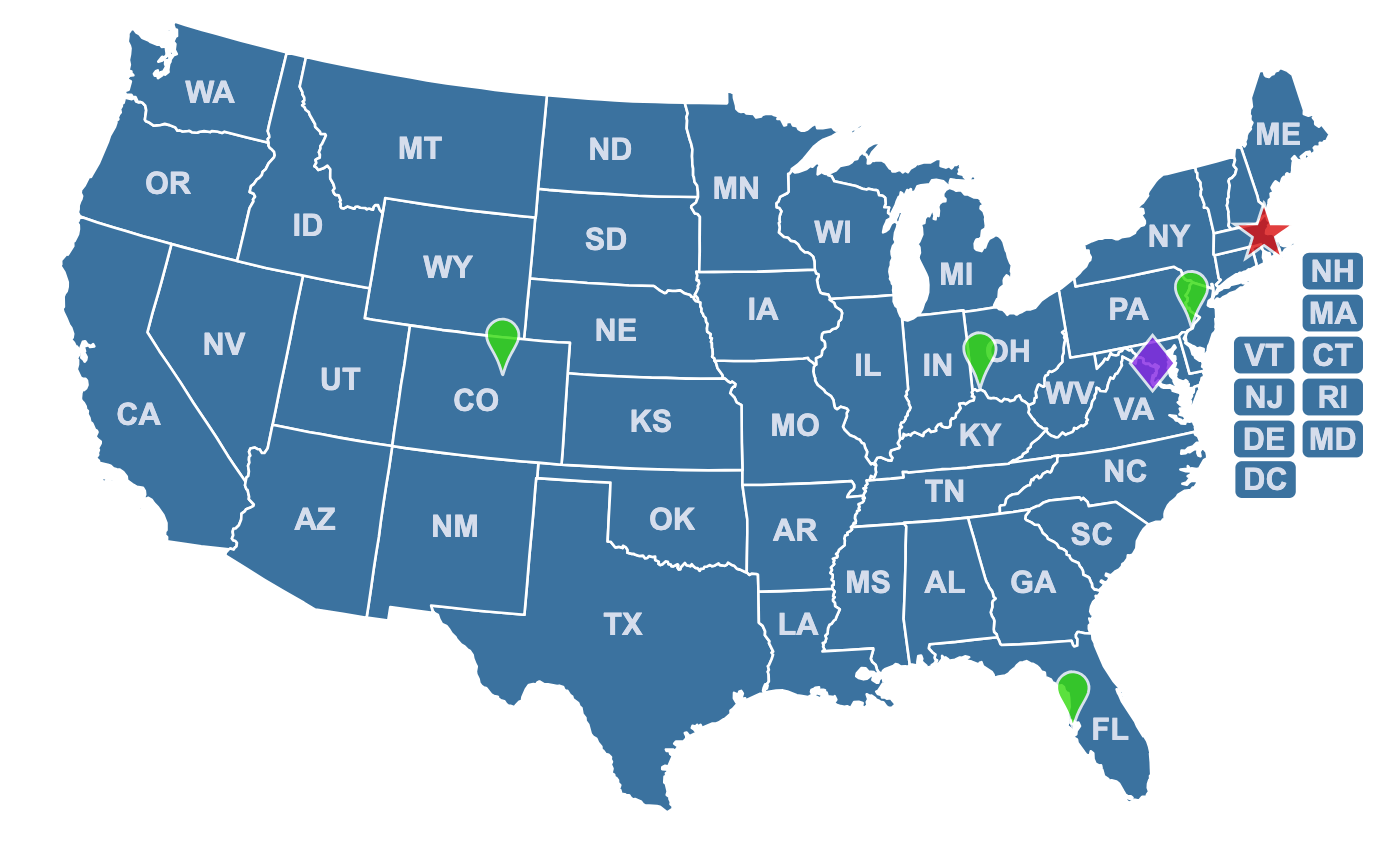 map of the United States showing the three study locations in Boston, Cincinnati and Maryland